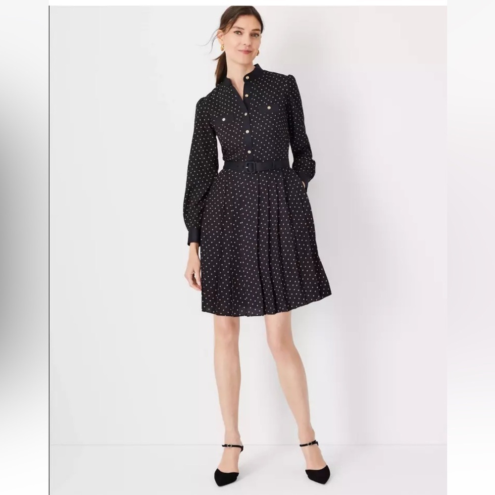 Ann Taylor Petite Paisley Pleated Shirtdress Size 0P Black/Gold Formal Career